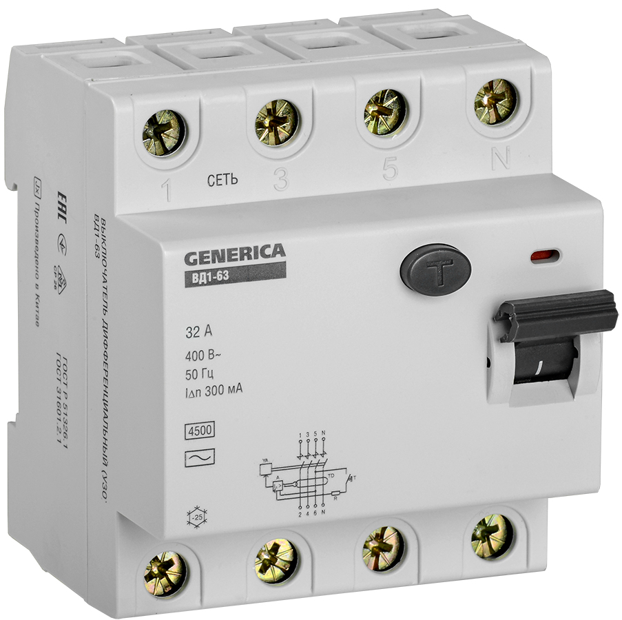 Выключатель дифференциальный (УЗО) ВД1-63 4Р 32А 300мА GENERICA MDV15-4-032-300 IEK