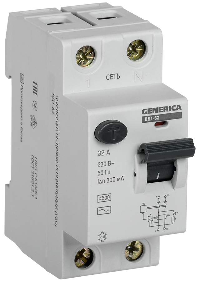 Выключатель дифференциальный (УЗО) ВД1-63 2Р 32А 300мА GENERICA MDV15-2-032-300 IEK