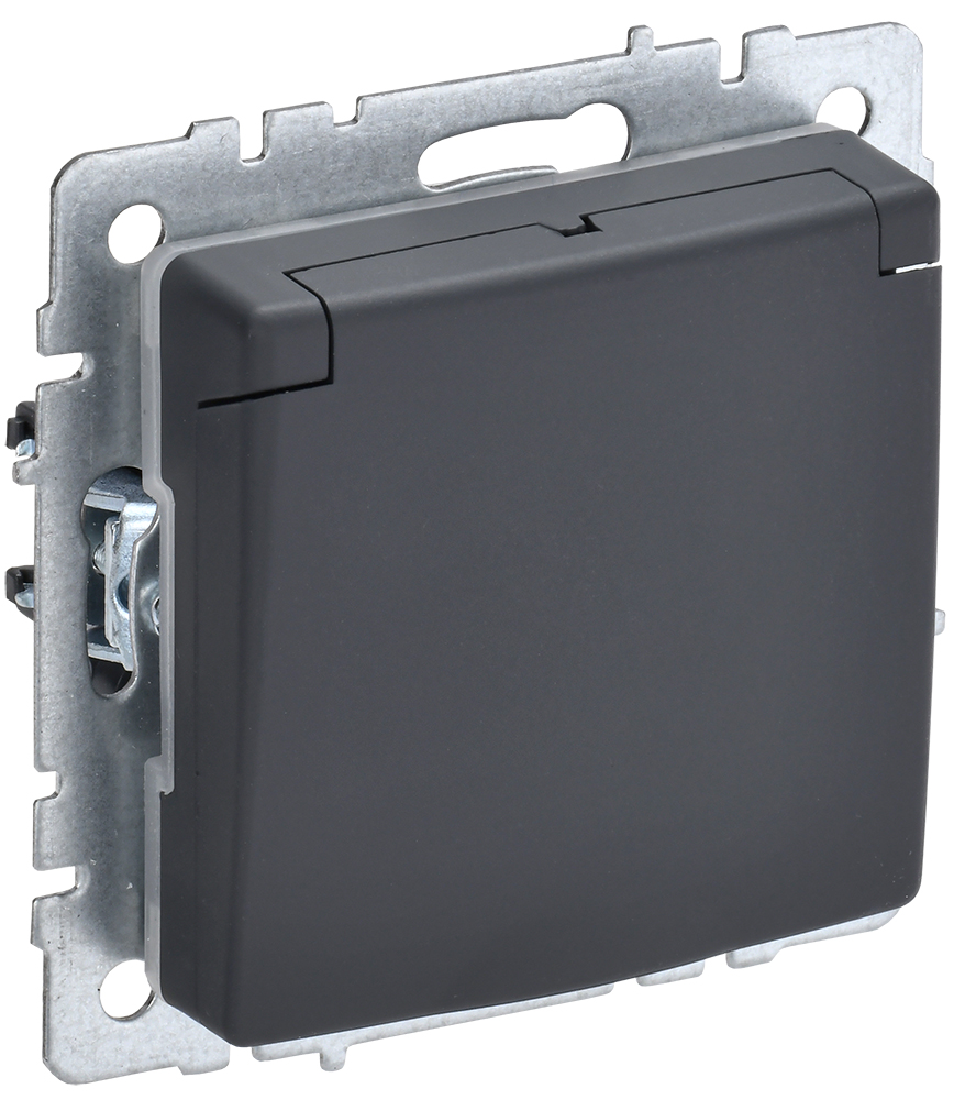 BRITE Розетка 1-местная с заземлением с защитными шторками и крышкой 16А IP44 РСбш10-3-44-БрГ графит BR-R16-16-44-K53 IEK