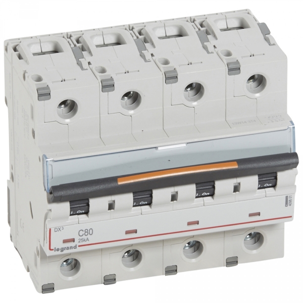 Выключатель автоматический четырехполюсный DX3 80А C 25кА (6 мод) 409801 Legrand