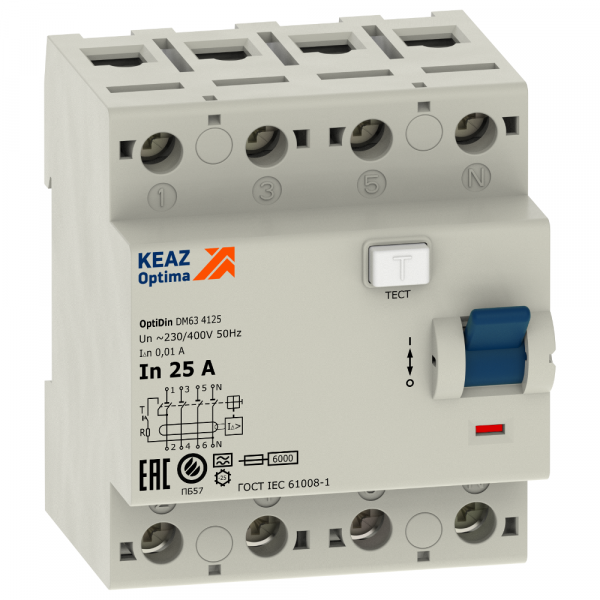 Выключатель дифференциальный (УЗО) OptiDin DМ63-4425-A-УХЛ4 (4P, 25, 300mA) 254303 КЭАЗ