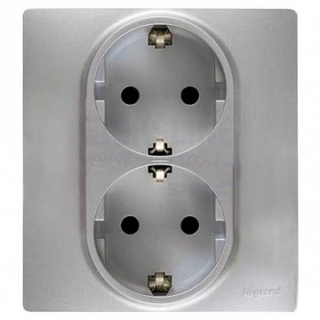 Розетка двухместная ETIKA, скрытый монтаж, с заземлением, алюминий 672423 Legrand
