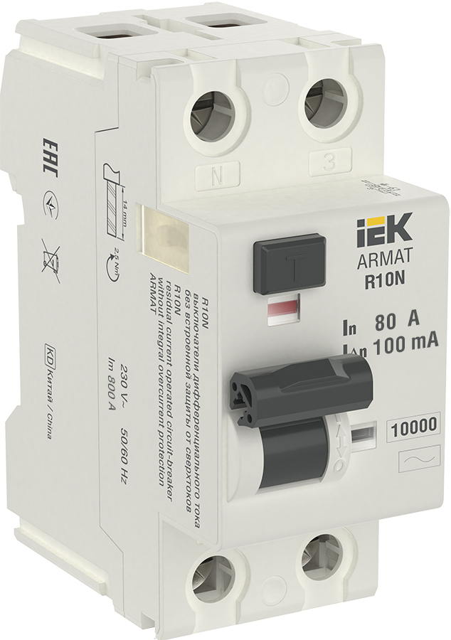 ARMAT Выключатель дифференциального тока R10N 2P 80А 100мА тип AC AR-R10N-2-080C100 IEK