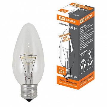 Лампа накаливания Свеча прозрачная 60 Вт-230 В-Е27 SQ0332-0012 TDM