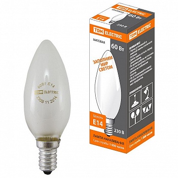Лампа накаливания Свеча матовая 60 Вт-230 В-Е14 SQ0332-0019 TDM