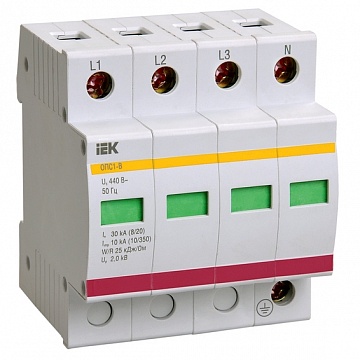 Ограничитель импульсных перенапряжений ОПС1-B 4Р In=30kA Un=400B Im=60kA код. MOP20-4-B IEK