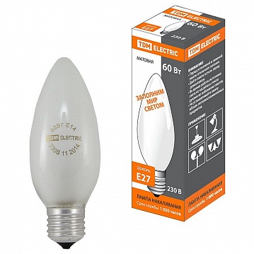 Лампа накаливания Свеча матовая 60 Вт-230 В-Е27 SQ0332-0020 TDM