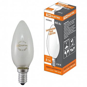 Лампа накаливания Свеча матовая 40 Вт-230 В-Е14 SQ0332-0017 TDM