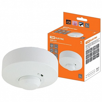 датчик движения микроволновый (потол.) ДДМ-03П 5,8ГГц, 1200Вт, 10-720с, 1-8м, 3+лк, 180(сбоку)+360(сверху)гр, IP33 SQ0324-0028 TDM