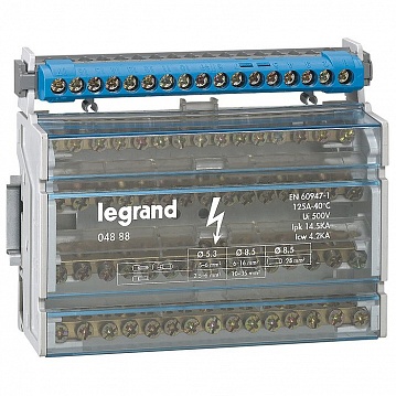 Клеммная колодка IP 2X - нейтраль - синяя - 1 x 6-25мм² - 21 x 1,5-16мм² - длина 141 мм 004845 Legrand