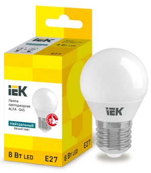 Лампа светодиодная ALFA G45 шар 8Вт 230В 4000К E27 LLA-G45-8-230-40-E27 IEK