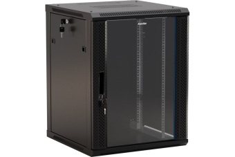 Шкаф настенный 19-дюймовый (19') 12U 650x600х600мм стеклянная дверь с перфорацией по бокам ручка с замком цвет черный (RAL 9004) (разобранный)