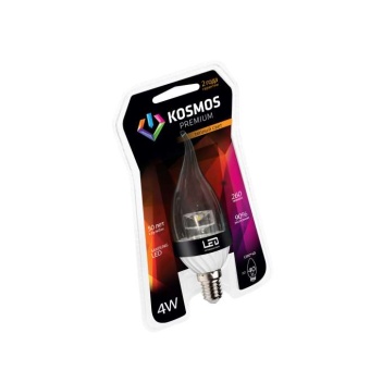 Лампа светодиодная KOSMOS premium 4Вт свеча на ветру прозрачная E14 230В 3000К Космос